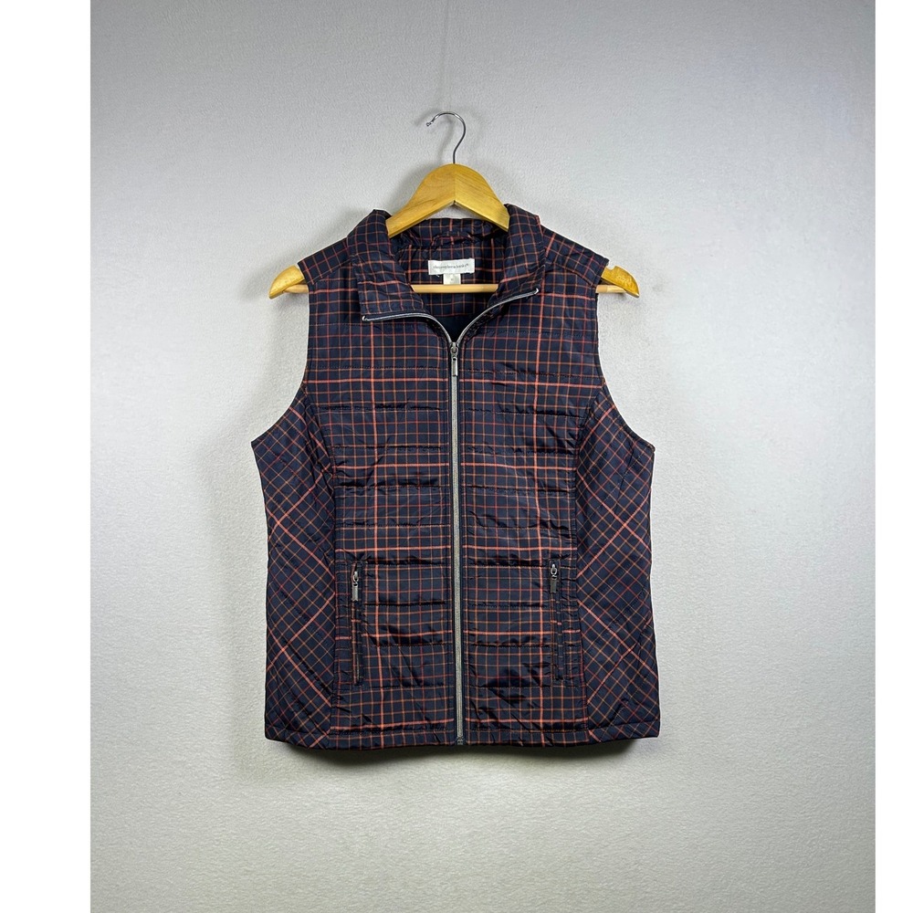 Christopher & Banks Quilted Puffer Vest Womens M Navy Blue Orange Plaid Zip Up